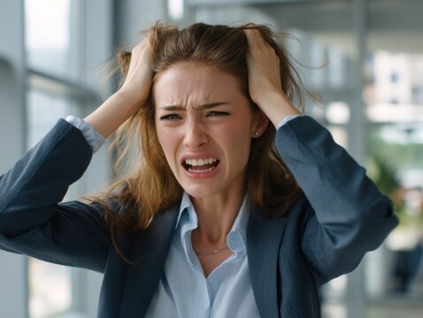 A woman in a suit clutches her hair and scowls showcasing visible distress