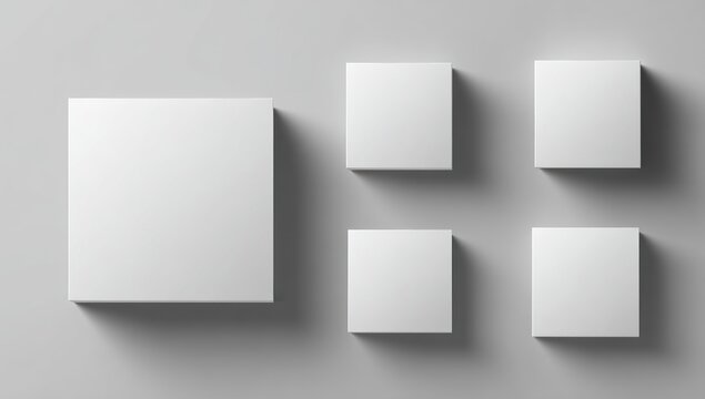 White Cubes A large white cube stands near four smaller, identical white cubes on a light grey surface, all casting soft shadows