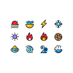 Elemental icons set representing nature fire water earth air sun lightning snowflake vector illustration