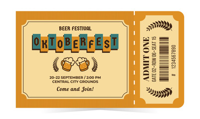 Oktoberfest entrance ticket with lettering, beer mugs, wheat in retro mid century style. Vintage vector illustration on white background for event, beer festival, party and more