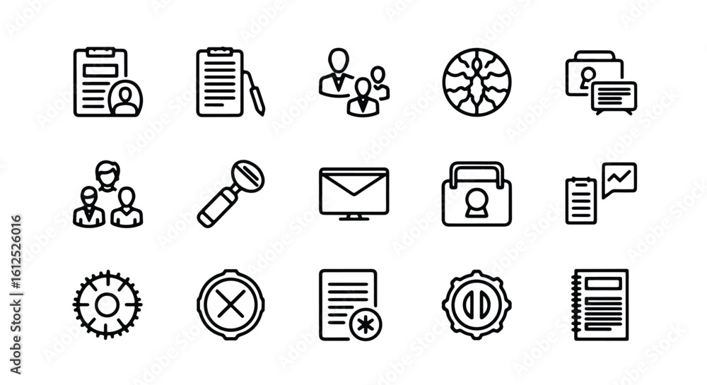 Poster line editable icon set of business and technology icons representing various concepts like teamwork,