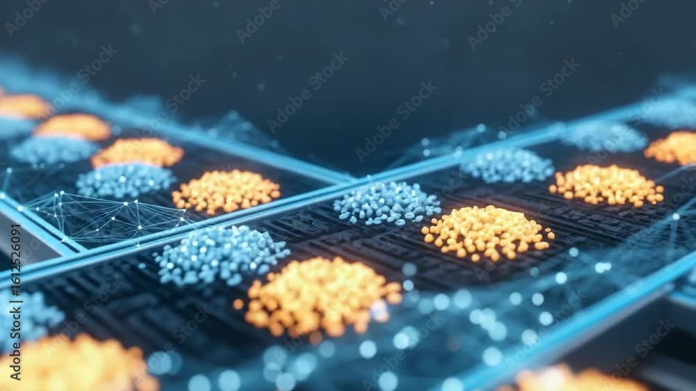 Poster a close-up view of interconnected microchips with vibrant orange and blue particles showcasing advan