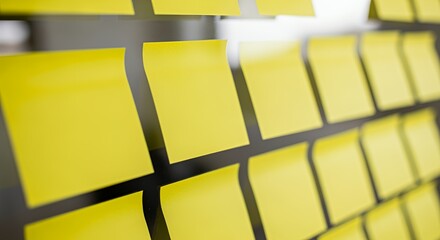 A close-up shot reveals a grid of bright yellow sticky notes adhered to a glass , suggesting a brainstorming session or organizational system.