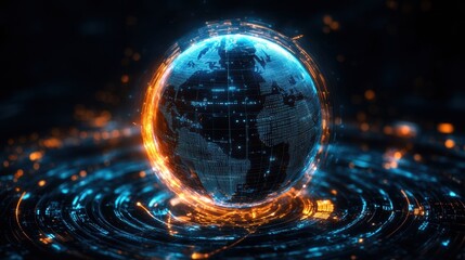 Obraz premium Glowing Wireframe Planet Surrounded by Data Pulse and Futuristic Digital Ring.