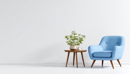 Light blue armchair and small wooden table in a modern living room.