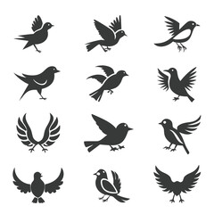 Obraz premium Collection of Bird Illustrations in Flight and Perched A Variety of Stylized Bird Silhouettes for Graphic Design and Decorative Use