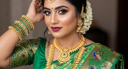 Indian bridal makeup and jewelry green saree traditional wedding look