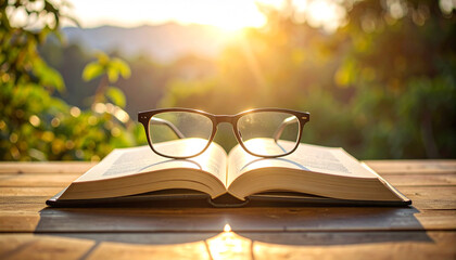 A single open book on wooden desk with reading glasses, warm tone