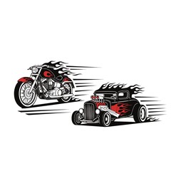 Silhouettes. Vintage hot rods and flames. Vector illustration, JPEG version.