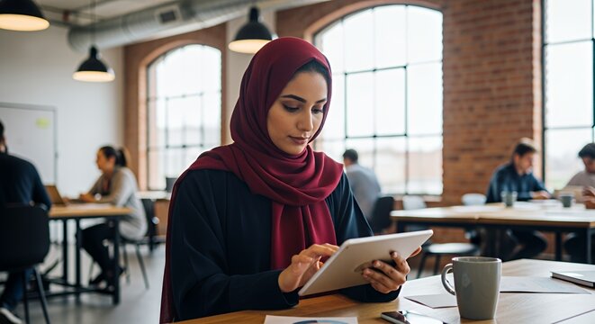 A young woman wearing a hijab uses a tablet computer while working in a modern, open-plan .