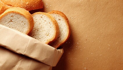 Sliced bread in a brown paper bag sits against a warm toned background, light catching the crust and crumbs creating a subtle, inviting, rustic feel