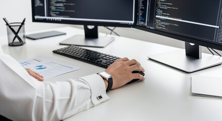 A person sits at a desk using a computer and mouse, reviewing documents and working on a project.