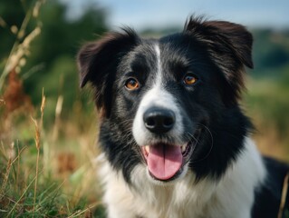Border Collie dog with black and white fur brown eyes open mouth showing tongue standing in grassy outdoor setting