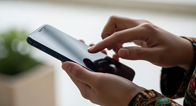 Close-up of hands using a smartphone, showcasing effortless digital interaction and modern technology.