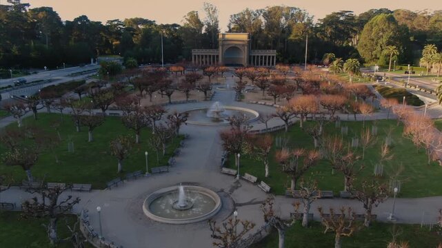 Golden Gate Park's Music Concourse in San Francisco, USA. An aerial view shows the park's layout, fountains, trees, and the Spreckels Temple of Music.