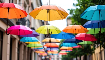 Colorful umbrellas hanging in a street