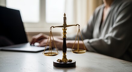 A lawyer works on a laptop with a scale of justice in the foreground, symbolizing legal work and fairness.