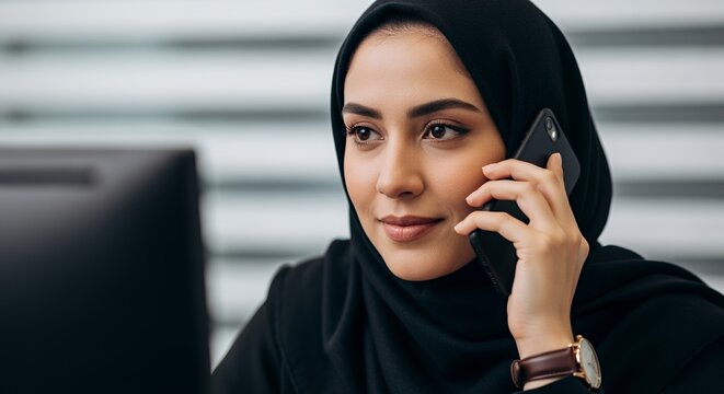 A young woman in a hijab speaks on her mobile phone while working in a modern .