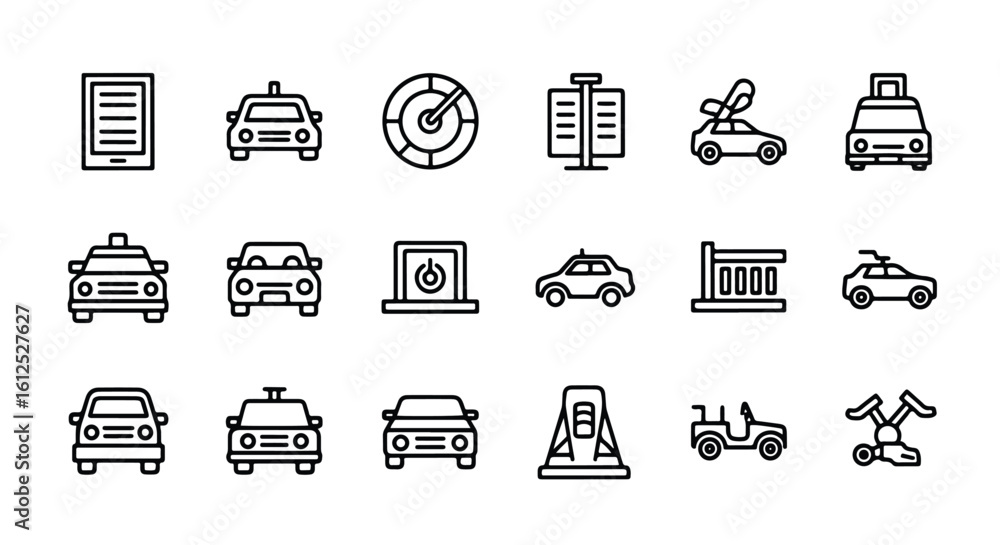 Poster line editable icon set of modern line art icons representing various vehicles and transportation ele