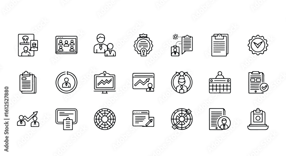 Poster line editable icon set of business and management icons representing teamwork, analytics, and planni