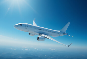 Modern commercial airplane flying high above the earth in clear blue sky on a sunny day