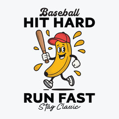 Funny banana baseball cartoon character vector illustration t shirt design