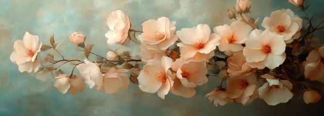 Dreamy floral still life featuring soft peach blooms with vintage aesthetics in a serene setting