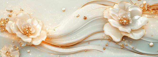 Dreamy floral fantasy with intricate golden swirls showcasing elegant blooms and shimmering elements in soft pastel hues