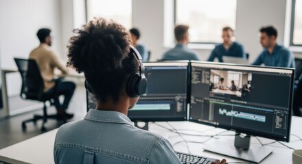 Focused Video Editor: Afro-textured Hair, Headphones, Dual Monitors, Editing Software, Modern Office