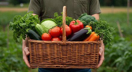 Fototapeta premium Man Holding a Basket Full of Freshly Harvested Vegetables in a Green Rural Landscape