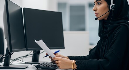 A focused female professional wearing a hijab works at her computer, reviewing documents while using a headset for communication.