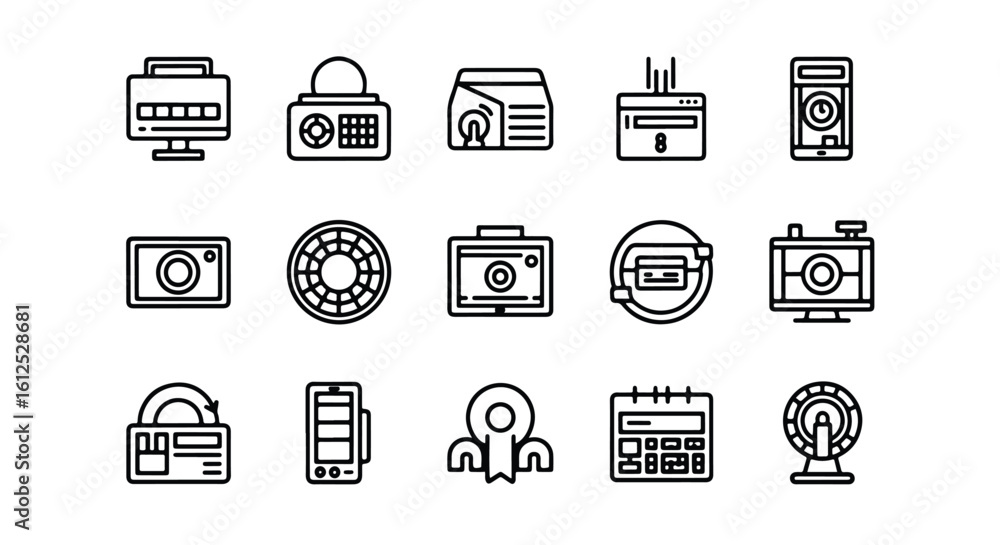 Poster line editable icon set of modern technology icons including computers, cameras, and mobile devices l