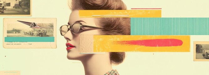 A vibrant collage merges a woman's profile wearing glasses with colorful cut-out designs and old postcards, evoking nostalgia and artistic expression through layers and textures