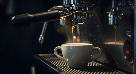 Coffee Being Brewed Freshly Into White Cup from Espresso Machine with Steam Rising in a Modern Kitchen Setting
