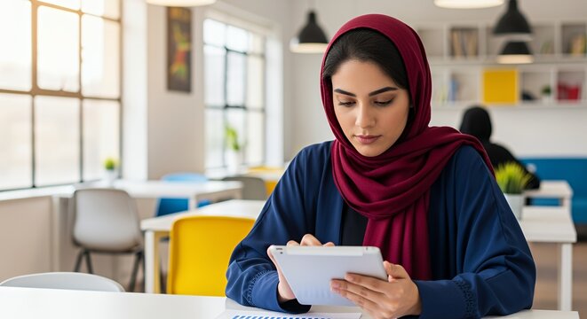 A young woman in a hijab uses a tablet computer while sitting at a table in a modern .