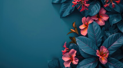 Obraz premium Teal background with vibrant pink flowers and dark green tropical leaves arranged along the right side, leaving ample empty space on the left