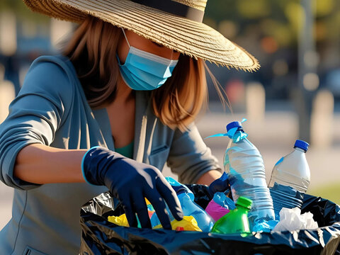 A woman wearing a mask and gloves is sorting plastic waste for recycling activities in an open environment. - Powered by Adobe