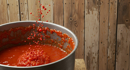 Vibrant Tomato Sauce Splashing from Cooking Pan Against Rustic Wooden Background