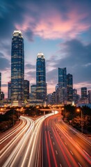 Fototapeta premium Vibrant city skyline at dusk with light trails on the highway