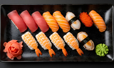 Sushi set on a black plate, top view. Japanese food