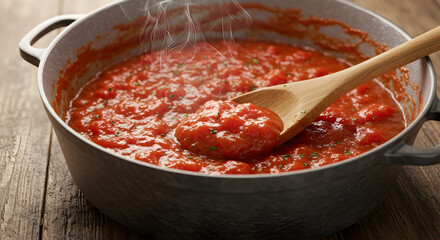 Delicious Homemade Tomato Sauce Simmering in a Steel Pan with Wooden Spoon and Herbs in Rustic Kitchen Setting
