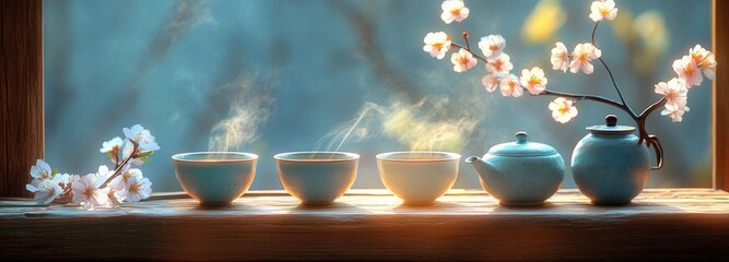 Traditional Asian tea ritual features steaming cups and floral accents in a serene setting