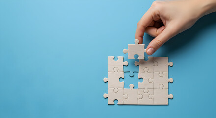 Hand Placing Final Puzzle Piece into Incomplete Puzzle on Blue Background Signifying Problem Solving and Creativity