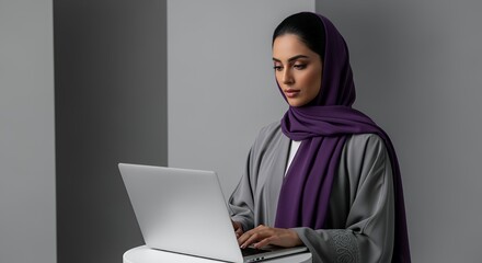 A focused woman in a hijab uses a laptop computer, working diligently from home or in a modern .