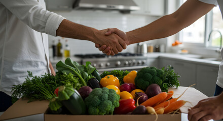 Handshake Agreement Over Freshly Delivered Organic Vegetables in a Modern Kitchen Setting