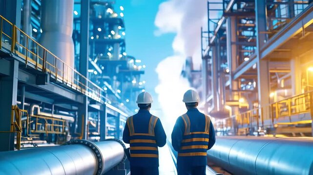 Industrial workers inspecting a petrochemical plant, engineering and innovation