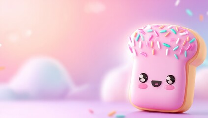 Kawaii toast Cute, cartoonish bread slice topped with pink frosting & colorful sprinkles stands on a light purple surface, with a soft, pastel-colored, blurred background