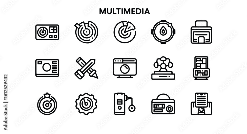 Poster line editable icon set of multimedia icons representing various digital media and technology concept