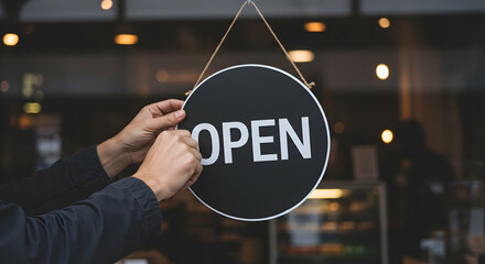 Hands Placing Open Sign in Window of Business Establishment with Welcoming Atmosphere and Warm Lighting