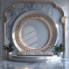 White golden luxury 3d round podium for product display, Elegant white round podium, Minimal white circular platform, product mockup, mockup, podium
